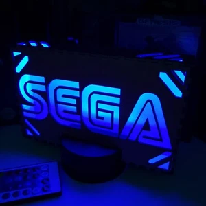 SEGA Logo Multicolor LED LIGHT Engraved Cherry Finish Wood Video Game Room Decor