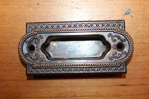 Antique Ornate Copper over Wrought Bronze Recessed Window Sash Lift L-130 Cover