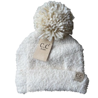 C.C Kids Babies Soft Stretch Hat Knit Faux Fur Pom Pom Beanie Cream  NWT - Image 1 of 2