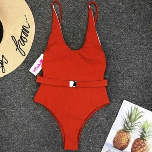 Costume da bagno rosso intero donna monokini scollo rotondo schiena aperta a V - Picture 1 of 4
