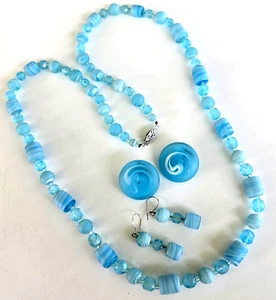 Vtg Opaque Blue Glass Swirl & Borealis Bead Necklace Pierced & Clip Earrings Set - Picture 1 of 9