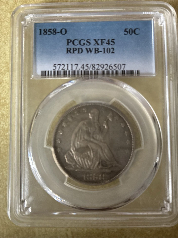 Medio dólar Liberty Seated 1858-O graduación profesional XF 45 50c RPD WB-102 bonita moneda envío gratuito Foto 1 de 4