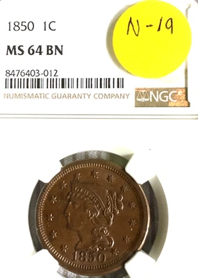 1850    BRAIDED HAIR  LARGE CENT   NGC 64 BN    N -19   R -4 - Image 1 of 4