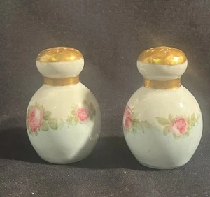 Hand Painted Porcelain Salt & Pepper Shakers~Blue W/ Pink Roses 3” - Picture 1 of 4