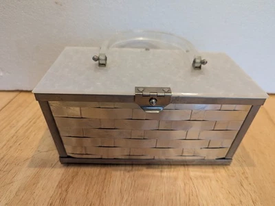 Vintage 1950s Lucite & Metal Basket Weave Silver w/Clear Lucite Handle Purse - Image 1 of 4