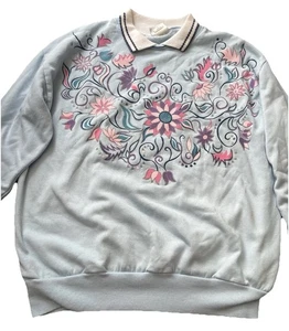 Vintage Haband For Her Collared Floral Blue Sweatshirt Collared Women’s Sz M - Picture 1 of 13
