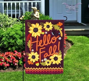 Hello Fall Evergreen Decorative Garden Flag Sunflower Leaves Thanksgiving - Picture 1 of 2