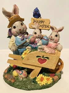 Happy Easter Bunny Family & Wheelbarrow Figurine 6"H x 5"W x 4.25"D Heavy Resin - Picture 1 of 6