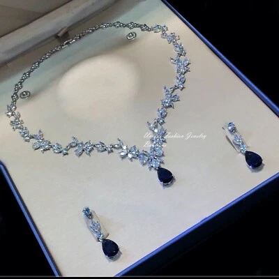 Lab-Created Blue Sapphire Necklace Earrings Set 18K White Gold Plated Gorgeous - Image 1 of 4