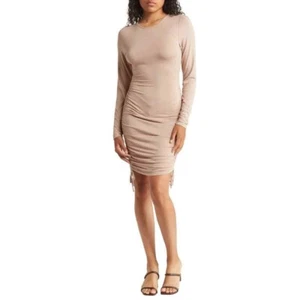 New Melrose & Market Women's XL Long Sleeve Tan Jersey Ruched Bodycon Midi Dress - Picture 1 of 10