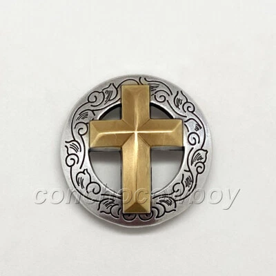 Western Leather Craft Saddle Tack Antique Gold Christian Cross Concho 1-1/8" - Image 1 of 2