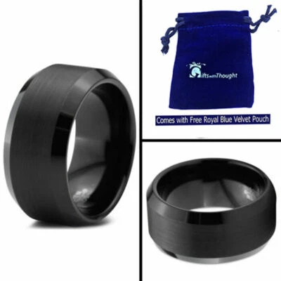 10mm Men's Black Tungsten Carbide Beveled Matte Brushed Center Wedding Band Ring - Image 1 of 3