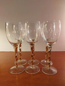 Gold Stripe Spiral Stem Wine Glasses Goblets 8 1/2" Set Of 6- 24k Trim - Picture 1 of 2