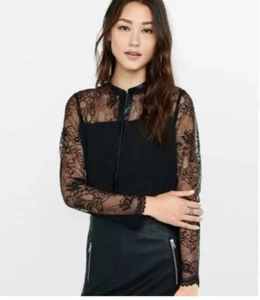 EXPRESS Leather and Lace Button Up Blouse Top Size Medium - Picture 1 of 16