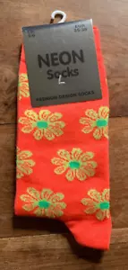 ladies girls neon coloured ankle socks size orange with yellow flowers 4-6 - Picture 1 of 1
