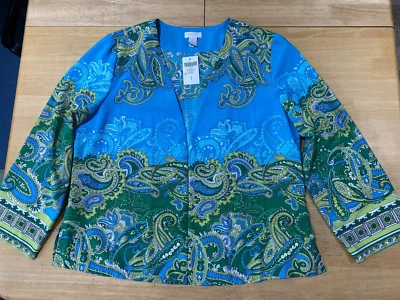 Chaqueta Top CHICO'S Estampado Bufanda Frente Abierto Azul Verde Paisley - Talla 1 US M - NUEVO Foto 1 de 4