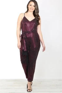 Womens Plus Size Magenta Jumpsuit 1XL Sequin Accents Fringe Belt - Picture 1 of 3