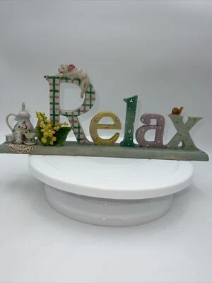 Letrero de cerámica Relax con juego de té de caracol gato relajante perezoso flores amarillas Pascua Foto 1 de 4