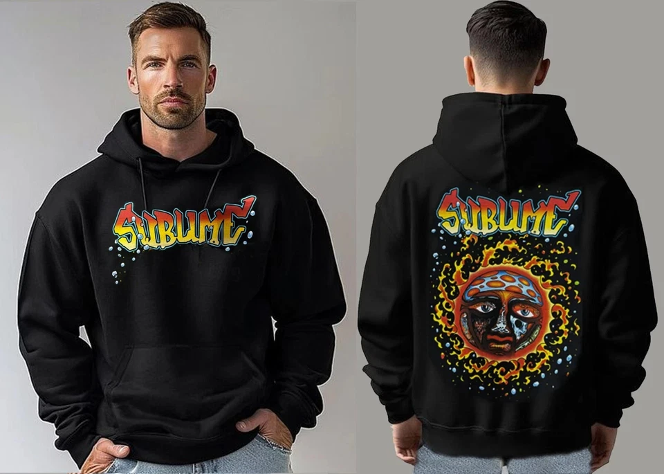 SUBLIME LONG BEACH CA BLACK HOODIE SPLASHED FRONT AND BACK PRINT MEN'S - Image 1 of 1