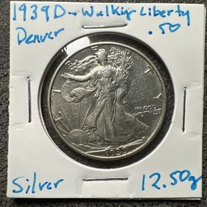 1939-D Walking Liberty Half Dollar. Silver. Non Magnetic. Denver. 12.50g. AU. - Picture 1 of 10