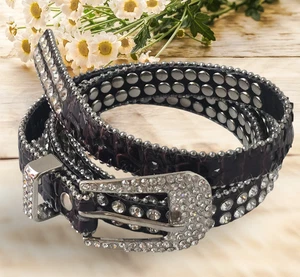 Rhinestone Studded Brown Leather Western Belt 32 36 SM Studded Buckle #SM9011 - Picture 1 of 11
