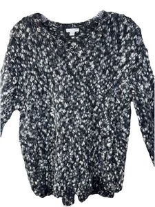 J.Jill Pullover Sweater Black White Gray Boucle Knit Crew Neck Size Small - Picture 1 of 9