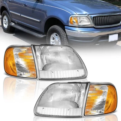Pair Headlights Assembly Chrome For 1997-2003 Ford F150 Expedition Headlamps Foto 1 de 4