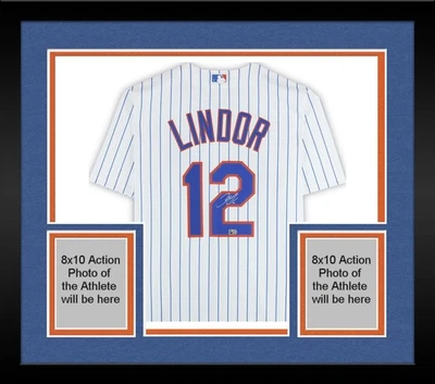 Camiseta deportiva Nike blanca autografiada por Francisco Lindor de los New York Mets enmarcada réplica Foto 1 de 4