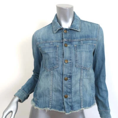 Current/Elliott Angled Trucker Jacket Blue Denim Size 0 Raw Hem Jean Jacket - Image 1 of 4