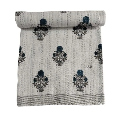Colcha edredón Kantha de algodón floral estampado en bloques indio Gudari Foto 1 de 4