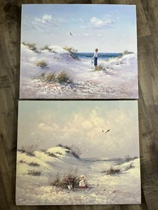 20x24" Lot 2 Original Signed Coastal Ocean Boy Beach Landscape Oil Paintings - Picture 1 of 18
