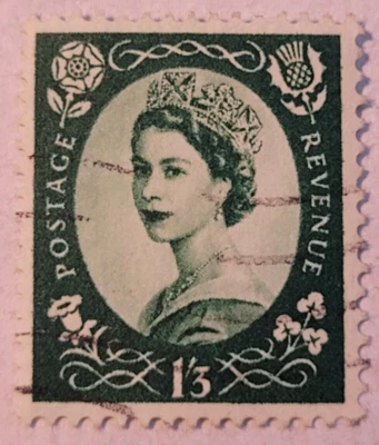 Great Britain ~ Queen Elizabeth II ~ 1'3 Green Stamp ~ Posted ~ 1950's ~ P04 - Image 1 of 4