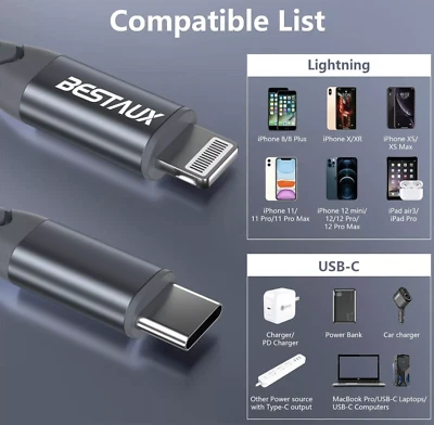 BESTAUX 18W USB C to Lightning Cable Apple MFi Certified Quick Charge 1M - Image 1 of 4