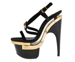New Versace Triple Platform Black Leather Gold Medusa and Crystals Shoes 39-9 - Picture 1 of 6
