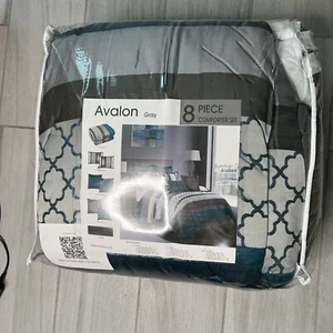 Nanshing Avalon Trellis 8-Piece Moroccan Print Comforter Set Grey/Blue Californi - Picture 1 of 2