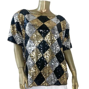 VINTAGE ESCALA 100% SEDA LENTEJUELAS METÁLICAS ESTAMPADO DIAMANTE MANGA CORTA TALLA 1X - Imagen 1 de 6