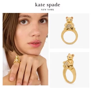NWT Kate Spade SPADE TEDDY BEAR 12-K Gold Plated Brass /CZ Crystals Ring-Sz.8 - Picture 1 of 12