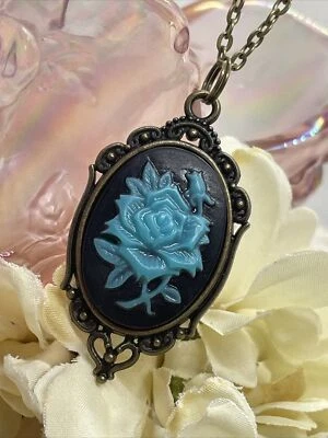 Black Teal Rose Bronze Necklace Pendant Cameo Easter Daughter Birthday wedding - Image 1 of 4