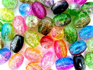 40 Pcs - Two Tone Mixed Colour 11mm Oval Glass Crackle Beads Jewellery - Picture 1 of 2