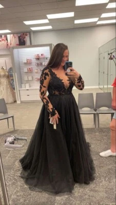 Black Wedding Dresses Gothic V Neck Long Sleeves Lace A Line Bridal Gowns - Image 1 of 4