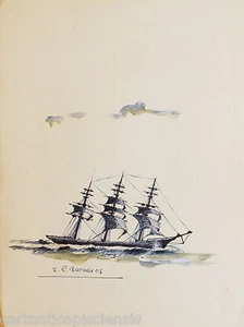 DISEGNO BOZZETTO DRAWING CHINA ACQUERELLO SU CARTA 1900 VELIERO BARCA NAVE 03 - Picture 1 of 1