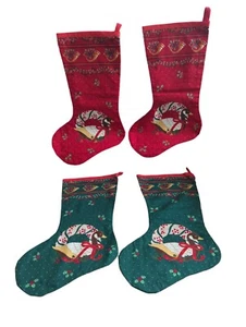 4 Vintage Handmade Christmas Stockings Holiday Goose Wreath French Horn Fabric - Picture 1 of 7