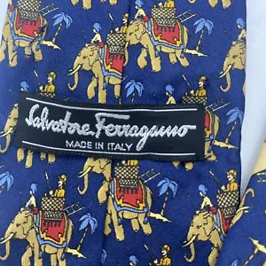 SALVATORE FERRAGAMO Blue Rider/Elephant 100% Silk Mens Luxury Tie - Picture 1 of 7