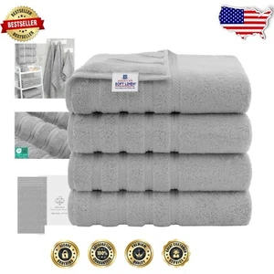 Plush Luxury Bath Towel Set of 4 - Soft 27x54 Cotton Towels in Light Grey - Picture 1 of 11