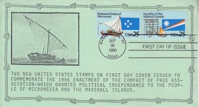1990 #2507a MICRONESIA/MARSHALL ISLANDS PAIR ON FDC w COIN 4 CACHET ONLY 42 GEM! - Image 1 of 2