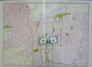 MO KS 1911 DATED KANSAS CITY Missouri & Kansas Wall Map. 1910s. Railroads - Picture 1 of 12