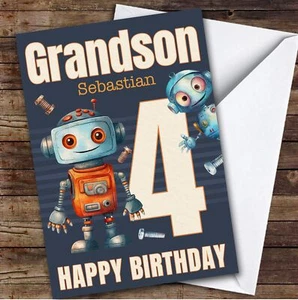 Grandson 4th Watercolour Robots Boys Custom Personalised Birthday Card - Picture 1 of 1