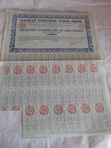 Vintage share certificate Stocks Bonds action banking Fonciere paris seine 1931 - Picture 1 of 3
