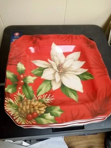 222 Fifth Poinsettia Holly 8 5/8" Square Salad Plates (4)  - Picture 1 of 3