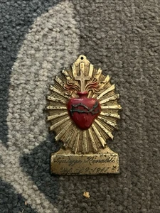 Sacred Heart of Jesus Heavy Vintage Brass Hanging Catholic Devotional Medallion - Picture 1 of 4